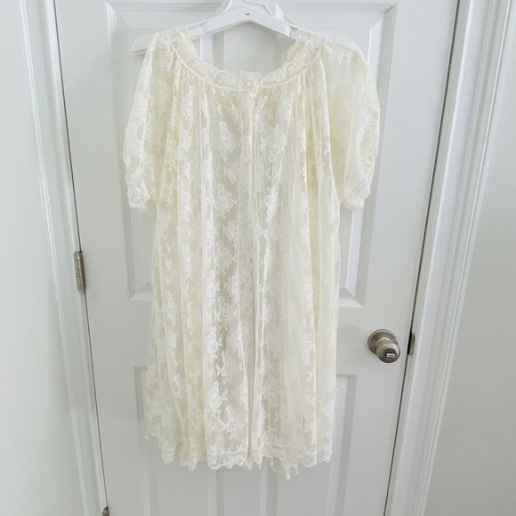 Vintage Mid Century Mod Bridal ivory Peignoir Lace Set Robe Gown Nylon Babydoll - Picture 11 of 12